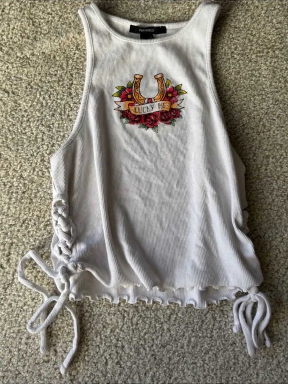 Forever 21 White Ribbed Lace-Up Horseshoe Graphic Crop Tank y2k